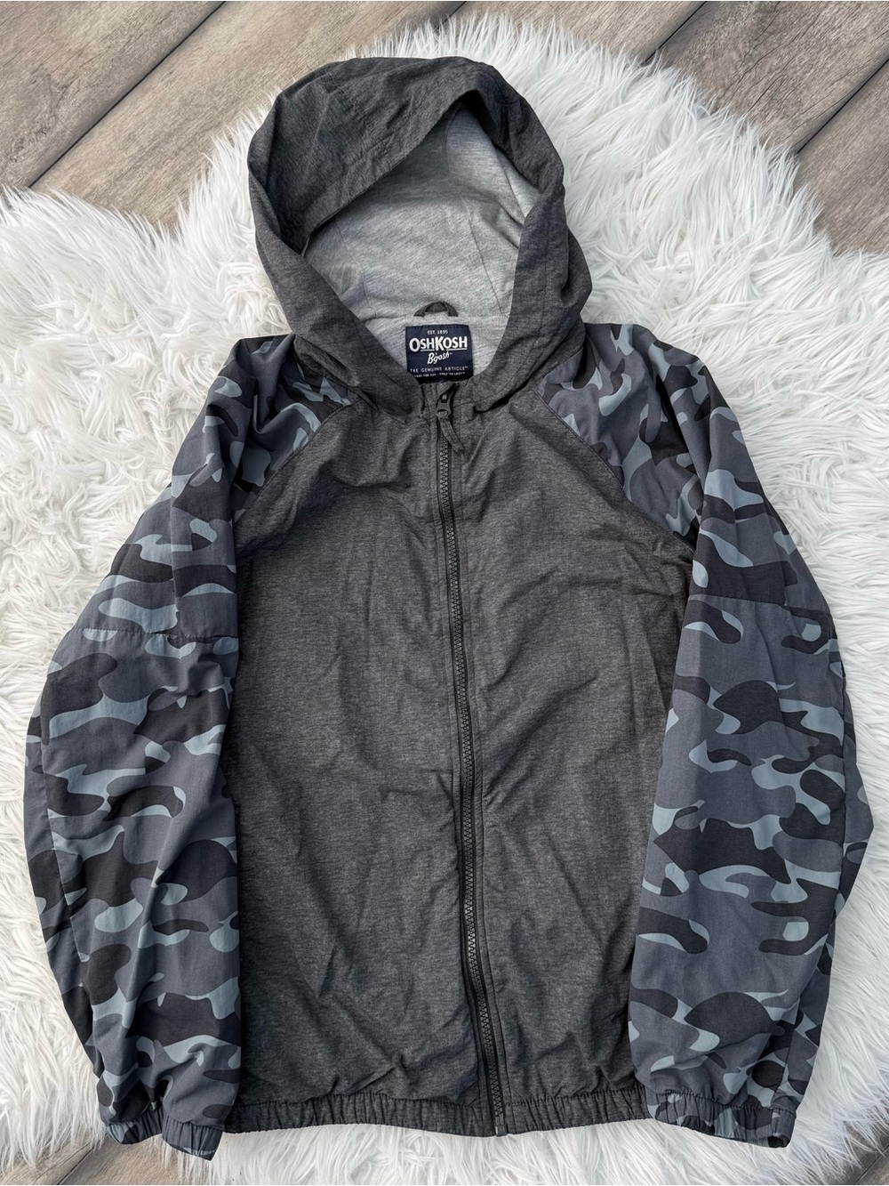 OshKosh B'gosh Boys 14 Hooded Zip Jacket - Charcoal with Gray Camo Sleeves
